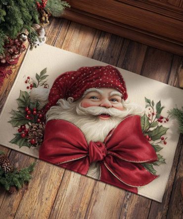 Santa Bow Holiday Doormat - Festive Red Bow Front Door Mat For Christmas, Durable Coir Welcome Rug, Indoor/Outdoor, Non-Slip
