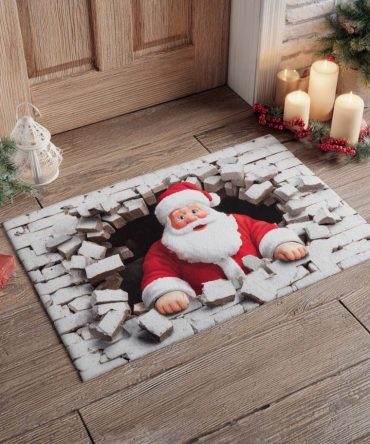 Santa Brick Wall Welcome Mat - Novelty Christmas Front Door Rug With Santa Illustration, Coir Outdoor/Indoor Doormat, Weatherproof