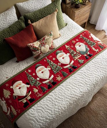 Santa Charm Quilted Bed Runner - Festive Santa Holiday Bedding Accent, Plush Quilted Throw For Foot Of Bed, Perfect Christmas Gift