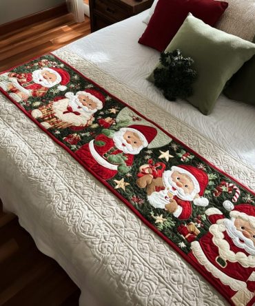 Santa Cheer Holiday Quilted Bed Runner - Festive Bedding Accent For King & Queen Beds, Classic Christmas Style