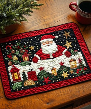 Santa Greeting Quilted Placemat — Classic Santa Claus Holiday Table Decor, Festive Red & Green Quilt Texture, Durable Seasonal Dining Accent