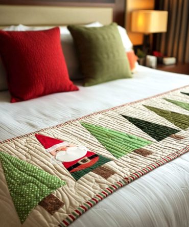 Santa Grove Quilted Bed Runner — Classic Santa & Tree Holiday Bed Scarf, Quilted Christmas Accent For Bedroom, Machine-Washable