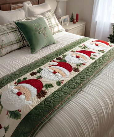 Santa Joy Quilted Christmas Bed Runner — Festive Santa Holiday Bed Scarf For Bedroom Decor, Quilted Accent, Machine-Washable