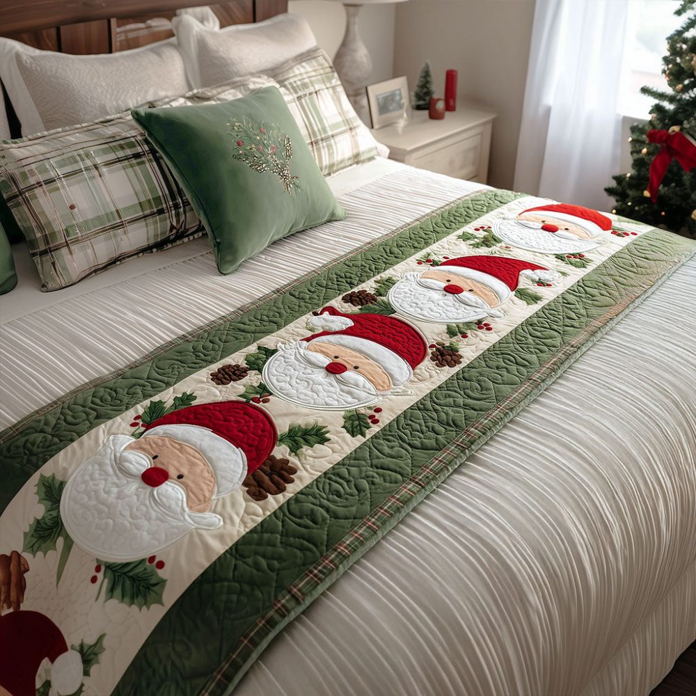 Santa Joy Quilted Christmas Bed Runner — Festive Santa Holiday Bed Scarf For Bedroom Decor, Quilted Accent, Machine-Washable