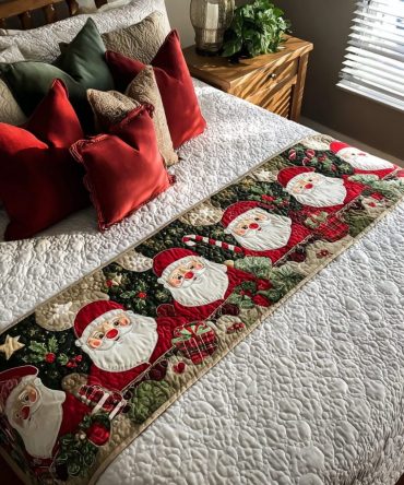 Santa Magic Quilted Bed Runner - Luxurious Holiday Accent For Beds & Sofas, Vibrant Christmas Pattern, Easy-Care Fabric
