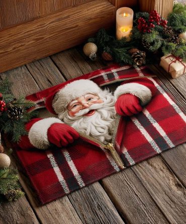 Plaid Santa Zip Front Door Mat - Holiday Checker Welcome Mat With Santa Motif, Durable Coir Indoor/Outdoor Rug, Non-Slip & Easy Clean