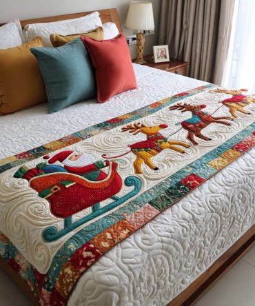 Santa Sleigh Holiday Quilted Bed Runner - Classic Christmas Sleigh Scene Bedding Accent, Cozy, Reversible & Machine Friendly