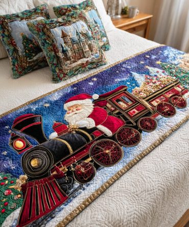 Santa Steamway Quilted Bed Runner – Festive Holiday Train Bed Scarf For Christmas Decor , Quilted Seasonal Throw, Gift-Ready