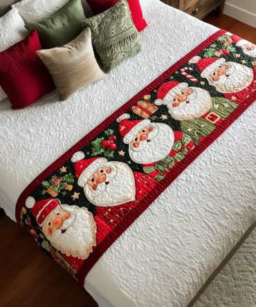 Santa Wonder Luxury Quilted Bed Scarf — Santa-Themed Holiday Bed Runner For Cozy Christmas Bedroom Styling & Gift Giving