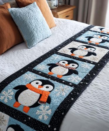 Scarfed Penguins Quilted Bed Runner - Playful Holiday Bedding Accent With Quilted Detail, Reversible For Queen & King Beds, Family-Friendly Decor