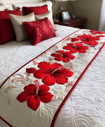 Scarlet Blooms Quilted Bed Runner — Bold Red Floral Cotton Throw, Luxe Bedroom Accent To Brighten Queen & King Beds