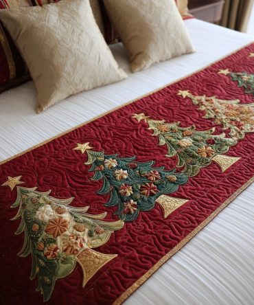 Scarlet Grove Quilted Bed Scarf — Rich Red Festive Bed Runner, Holiday Quilted Throw Accent For Luxurious Seasonal Bedroom Styling