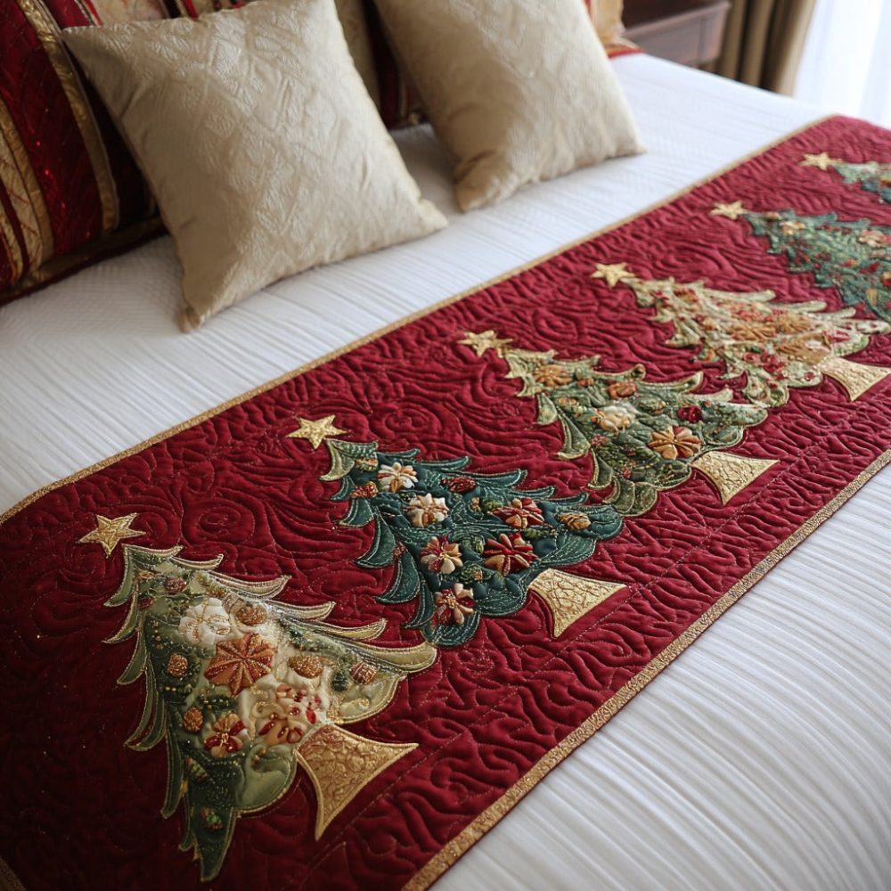 Scarlet Grove Quilted Bed Scarf — Rich Red Festive Bed Runner, Holiday Quilted Throw Accent For Luxurious Seasonal Bedroom Styling