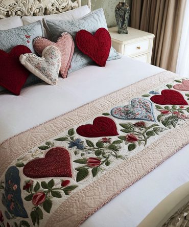 Scarlet Hearts Quilted Bed Runner — Bold Red Heart Bed Scarf For Romantic & Seasonal Bedroom Decor, Quilted Accent For Cozy Styling