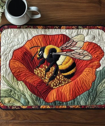 Vibrant Scarlet Bee Quilted Table Placemat - Premium Floral Dining Mat for Kitchen & Rustic Decor