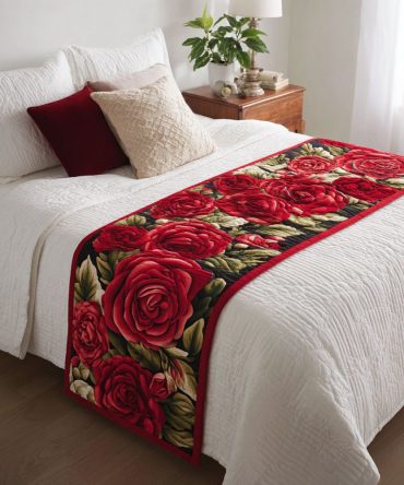 Scarlet Petal Elegant Quilted Bed Runner — Reversible Red Floral Bed Scarf For King & Queen, Soft Durable Cotton Finish