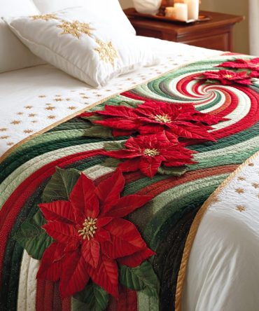 Scarlet Poinsettia Quilted Bed Runner — Bold Red Holiday Bed Scarf, Quilted Festive Accent For Bedroom & Guest Room