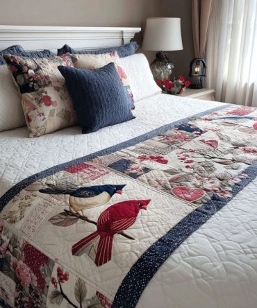 Scarlet Serenade Quilted Bed Runner - Bold Red Floral Accent Runner For Queen & King Beds, Decorative Bedroom Throw