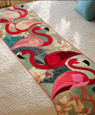 Scarlet Walk Quilted Bed Runner — Elegant Red Floral Bed Scarf, Designer Accent For King & Queen Bedding Ensembles