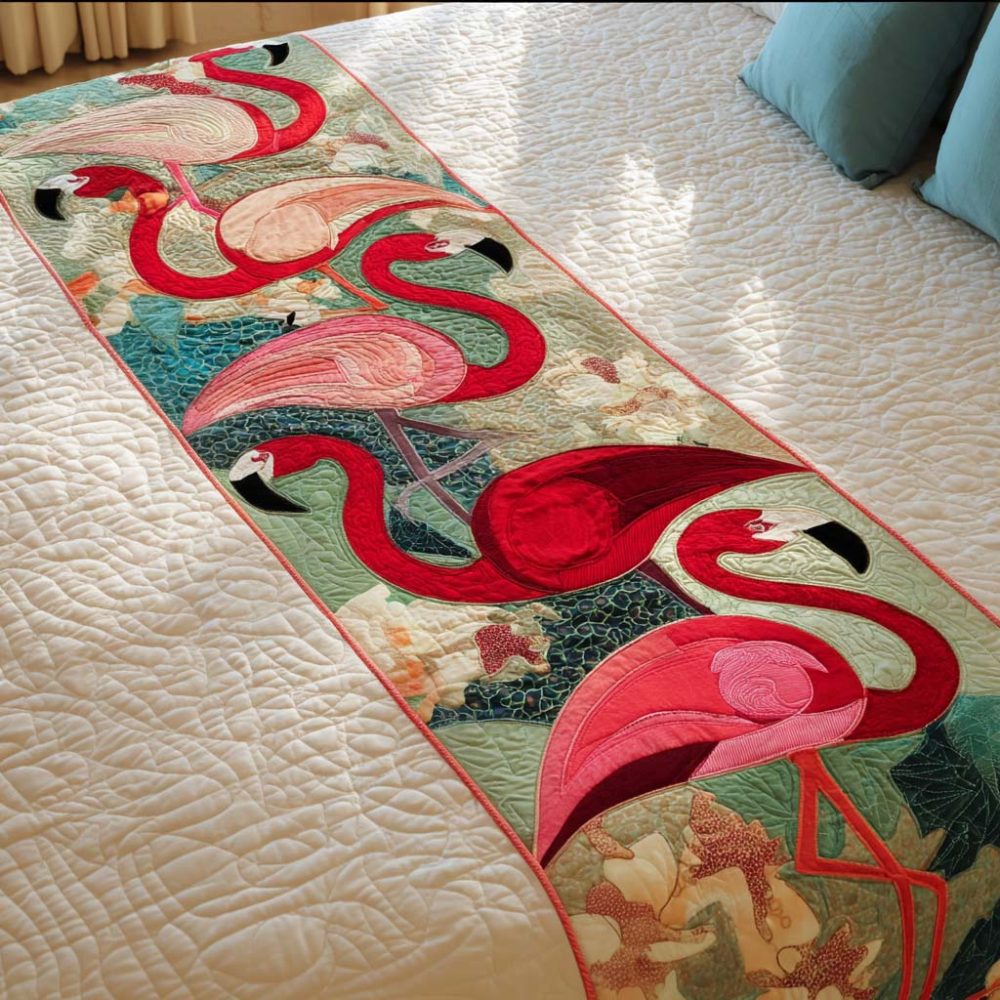 Scarlet Walk Quilted Bed Runner — Elegant Red Floral Bed Scarf, Designer Accent For King & Queen Bedding Ensembles