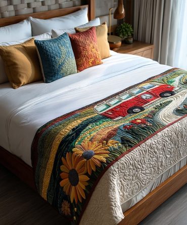 Scenic Drive Vista Quilted Bed Runner — Vintage Roadtrip Landscape On Quilted Cotton, Decorative Accent For Travel-Themed Bedrooms
