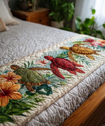 Sea Bloom Coastal Quilted Bed Scarf - Ocean Floral Bed Runner, Reversible Cotton Blend, Beach House Bedding Accent, Machine Washable