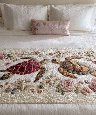 Coastal Sea Blossom Quilted Bed Runner - Hand-Quilted Floral Coastal Accent For Queen & King Beds, Luxury Throw