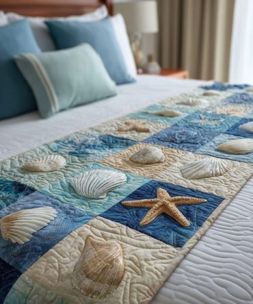 Sea Breeze Blocks Quilted Bed Runner — Contemporary Coastal Bed Scarf, Geometric Ocean Print, Cotton-Blend, Reversible Queen/King