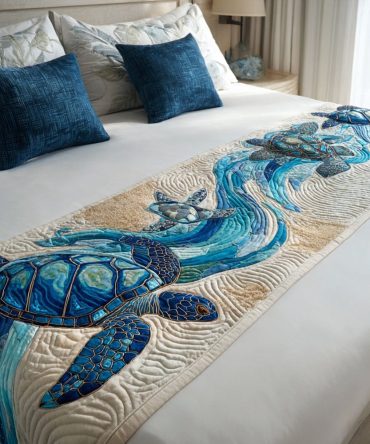 Sea Breeze Turtle Quilted Bed Runner — Coastal Turtle-Themed Bed Scarf For Queen & King Beds, Nautical Accent, Soft & Machine Washable