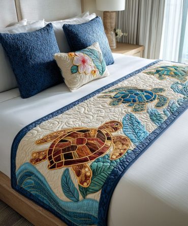 Sea Meadow Quilted Bed Scarf — Botanical Coastal Bed Runner To Instantly Refresh Bedroom Decor, Lightweight, Reversible, Easy Care