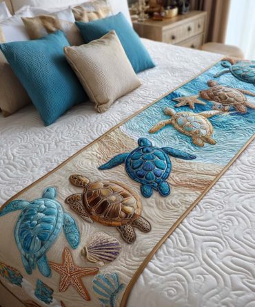 Sea Turtle Bliss Quilted Bed Runner — Marine-Themed Cotton Throw With Playful Turtle Design, Cozy Coastal Accent For Beds