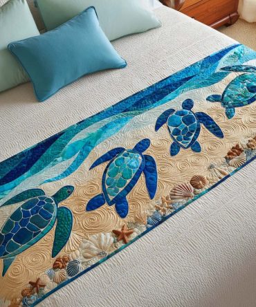 Coastal Sea Turtles Quilted Bed Runner – Nautical Beach-Themed Bedding Accent, Soft Durable Fabric, Perfect For Coastal Homes