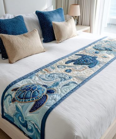 Seashell Journey Quilted Bed Runner - Coastal Nautical Bedding Accent With Seashell Motif, Lightweight Ocean-Themed Throw To Refresh Beach Bedrooms