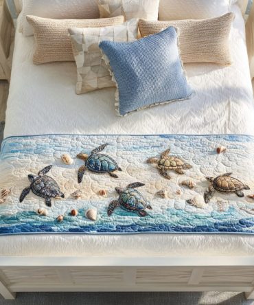 Seaside Serene Quilted Bed Runner - Ocean-Inspired Coastal Bedding Accent With Calming Waves Design, Reversible, Soft & Easy Care