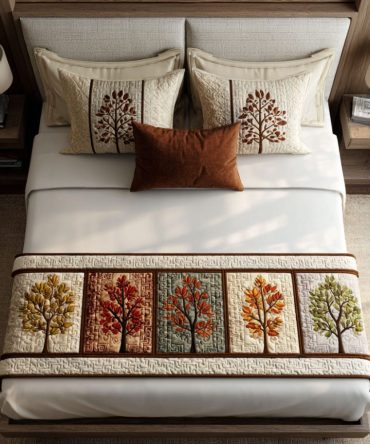 Seasons In Stitch Quilted Bed Runner - Four-Season Embroidered Bed Scarf, Reversible Decorative Runner For Year-Round Bedroom Styling