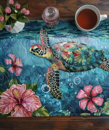 Sea Turtle & Blossom Quilted Placemat — Floral Coastal Table Mat With Serene Lily Motif, Soft Quilting, Machine-Washable, Stylish Beach Home Accent