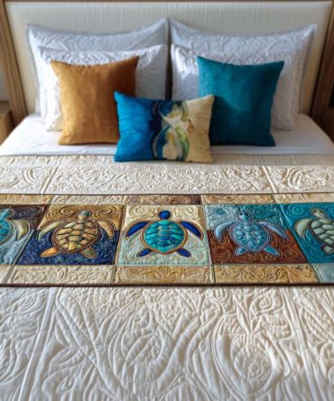 Serene Turtle Nest Quilted Bed Runner — Subtle Coastal Motif In Soft Neutrals, Reversible Cotton-Blend For A Relaxing Bedroom Vibe