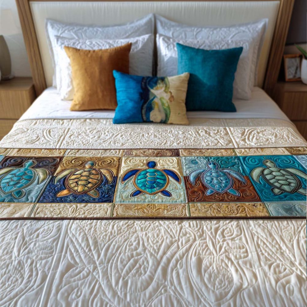 Serene Turtle Nest Quilted Bed Runner — Subtle Coastal Motif In Soft Neutrals, Reversible Cotton-Blend For A Relaxing Bedroom Vibe