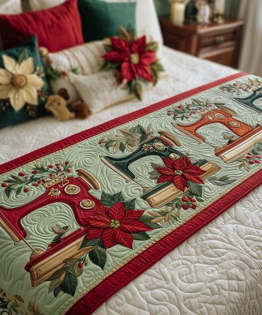 Sew Merry Holiday Quilted Bed Runner — Festive Sewing-Themed Decorative Bed Scarf, Christmas Bedroom Accent & Gift-Ready Décor Piece