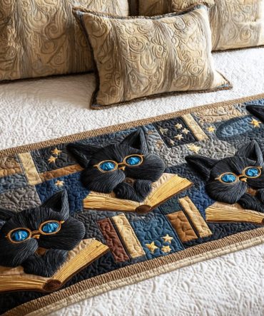 Shadow Page Quilted Bed Runner – Gothic Book & Cat Accent Runner, Premium Decorative Bed Scarf For Stylish Bedrooms