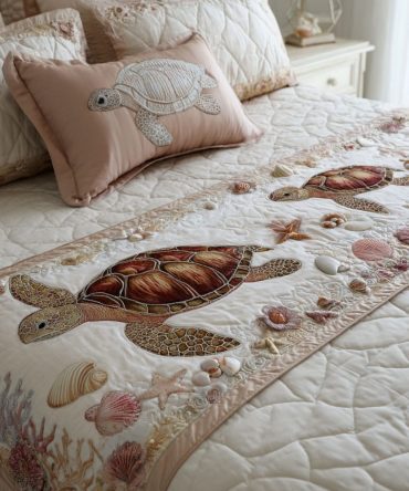 Shell Harmony Quilted Bed Runner - Seaside Shell Motif Bed Scarf For Coastal Bedrooms , Textured Quilted Throw For Nautical & Beach Decor