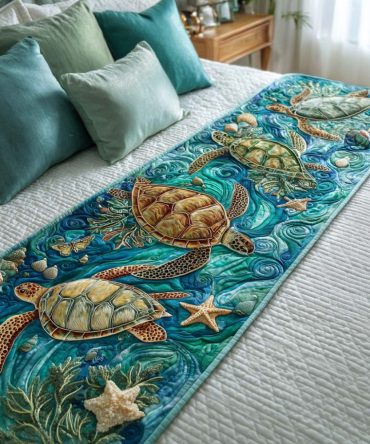 Shell & Turtle Bloom Quilted Bed Runner — Botanical Coastal Accent With Intricate Stitching, Reversible Cotton-Blend For Stylish Bedrooms