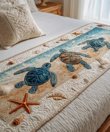 Shell Whisper Quilted Bed Runner — Delicate Seashell Bedding Accent, Coastal Quilted Throw To Elevate Beach-Inspired Bedrooms
