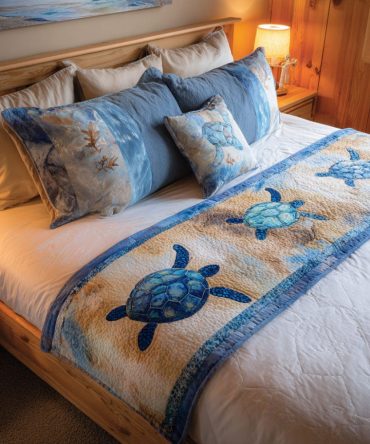 Seashell Quilted Bed Runner — Decorative Coastal Accent With Nautical Shell Motifs, Soft Cotton Blend, Reversible & Easy-Care