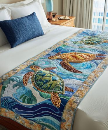 Coastal Shellscape Quilted Bed Scarf — Elegant Ocean-Inspired Bed Runner For Beach Bedroom Makeover, Reversible & Easy-Care