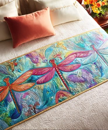 Shimmer Wing Sky Quilted Bed Runner – Ethereal Dragonfly Wing Motif Decorative Bed Scarf For Luxurious, Airy Bedroom Styling