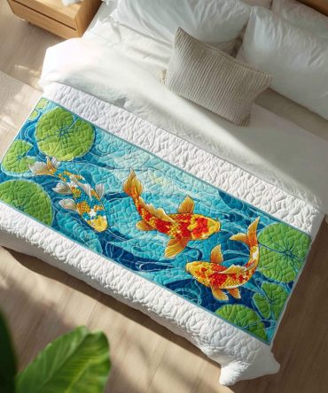 Elegant Shimmer Koi Quilted Bed Scarf — Luxury Decorative Bed Runner For King & Queen, Reversible Soft Cotton Blend Accent