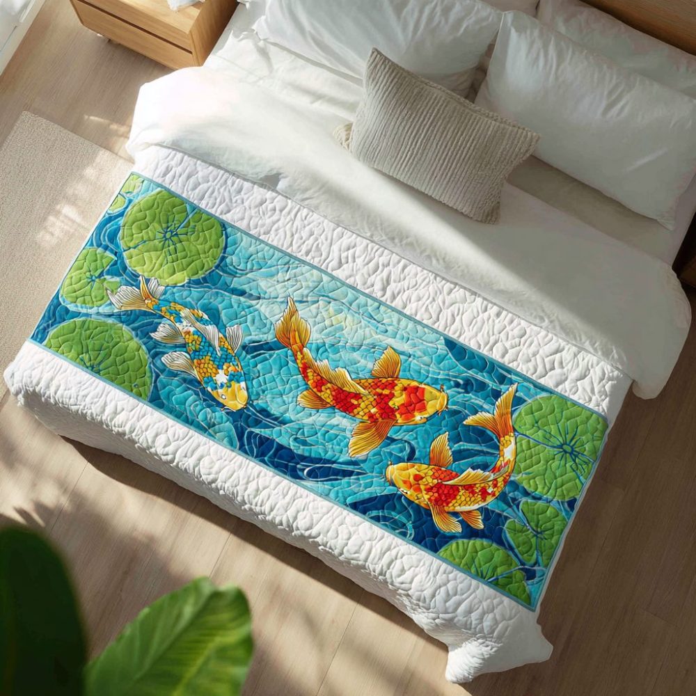 Elegant Shimmer Koi Quilted Bed Scarf — Luxury Decorative Bed Runner For King & Queen, Reversible Soft Cotton Blend Accent