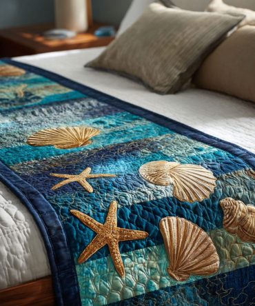 Shoreline Quilted Bed Runner — Beach-Inspired Bed Scarf, Ocean Tones, Cotton-Blend Quilting, Reversible For Queen & King Beds