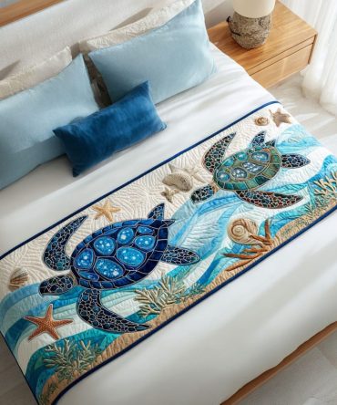 Shoreline Shell Nautical Quilted Bed Scarf - Coastal Bed Runner With Shell Motif, Reversible Cotton-Blend, Beach-Themed Home Decor